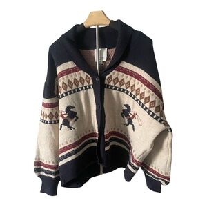 Sunday Edition Western Horse & Cowgirl Fair Isle Cardigan Sweater, sz L, NWT